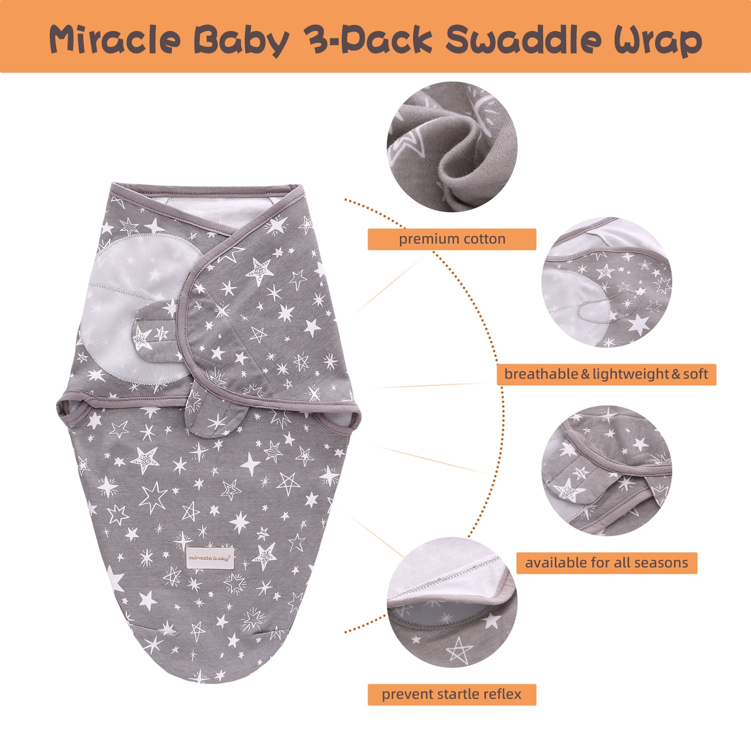 Miracle Baby 3-Pack Baby Swaddle Sleep Sacks 100% Cotton Newborn Baby Swaddles Baby Swaddle Blanket Wrap