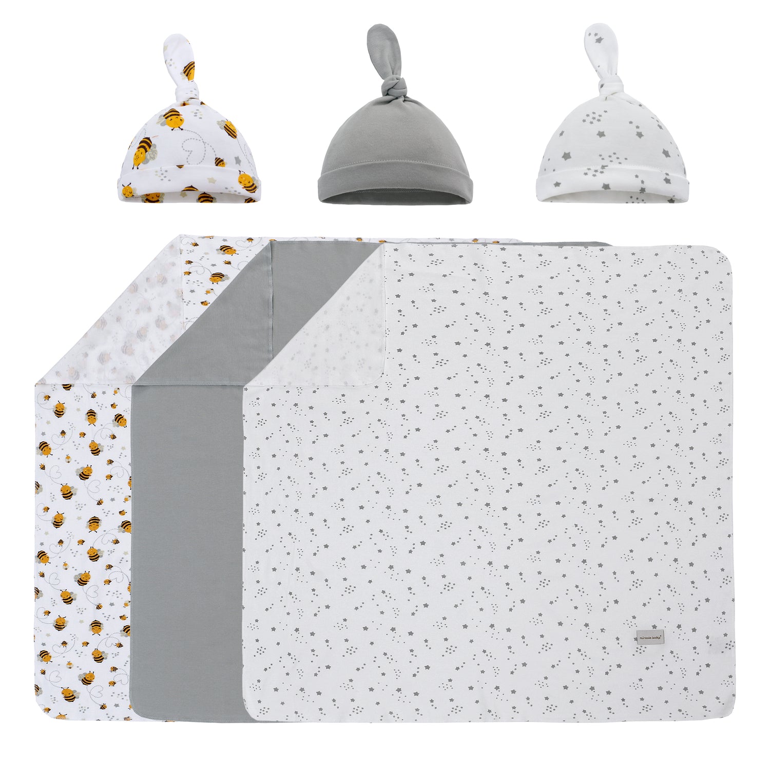 Newborn Swaddle and Hat Set - 3 Pack 100% Cotton Knitted Muslin Baby Blankets - 35" x 35" Stroller Soft Unisex Newborn Swaddle Wrap for Girls and Boys