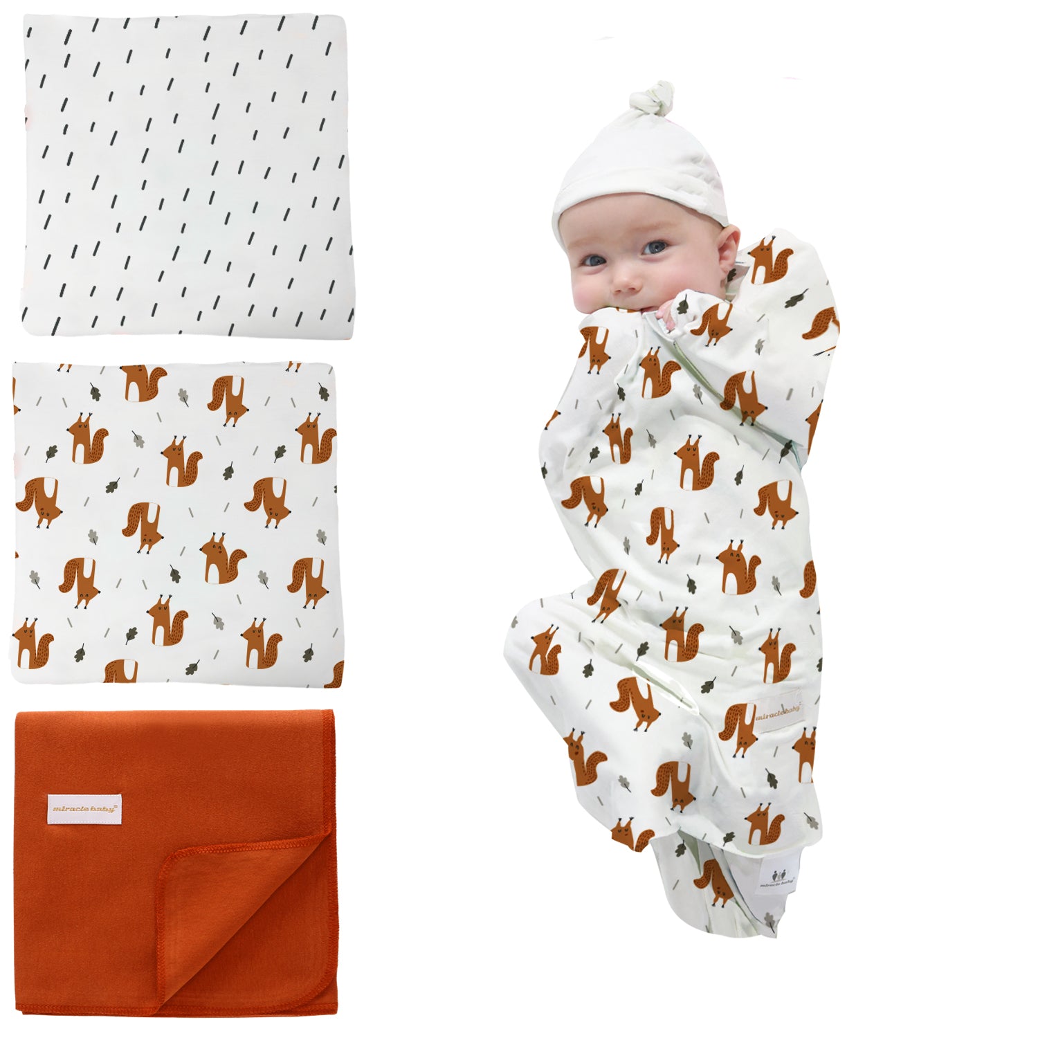 Newborn Swaddle and Hat Set - 3 Pack 100% Cotton Knitted Muslin Baby Blankets - 35" x 35" Stroller Soft Unisex Newborn Swaddle Wrap for Girls and Boys