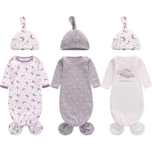 Newborn Knotted Nightgown Long Sleeve with Matching Hat Set 3 Pack, Cotton Baby Sleeper Gowns Sleeping Bags Home Outfits Set with Mitten Cuffs for Boy